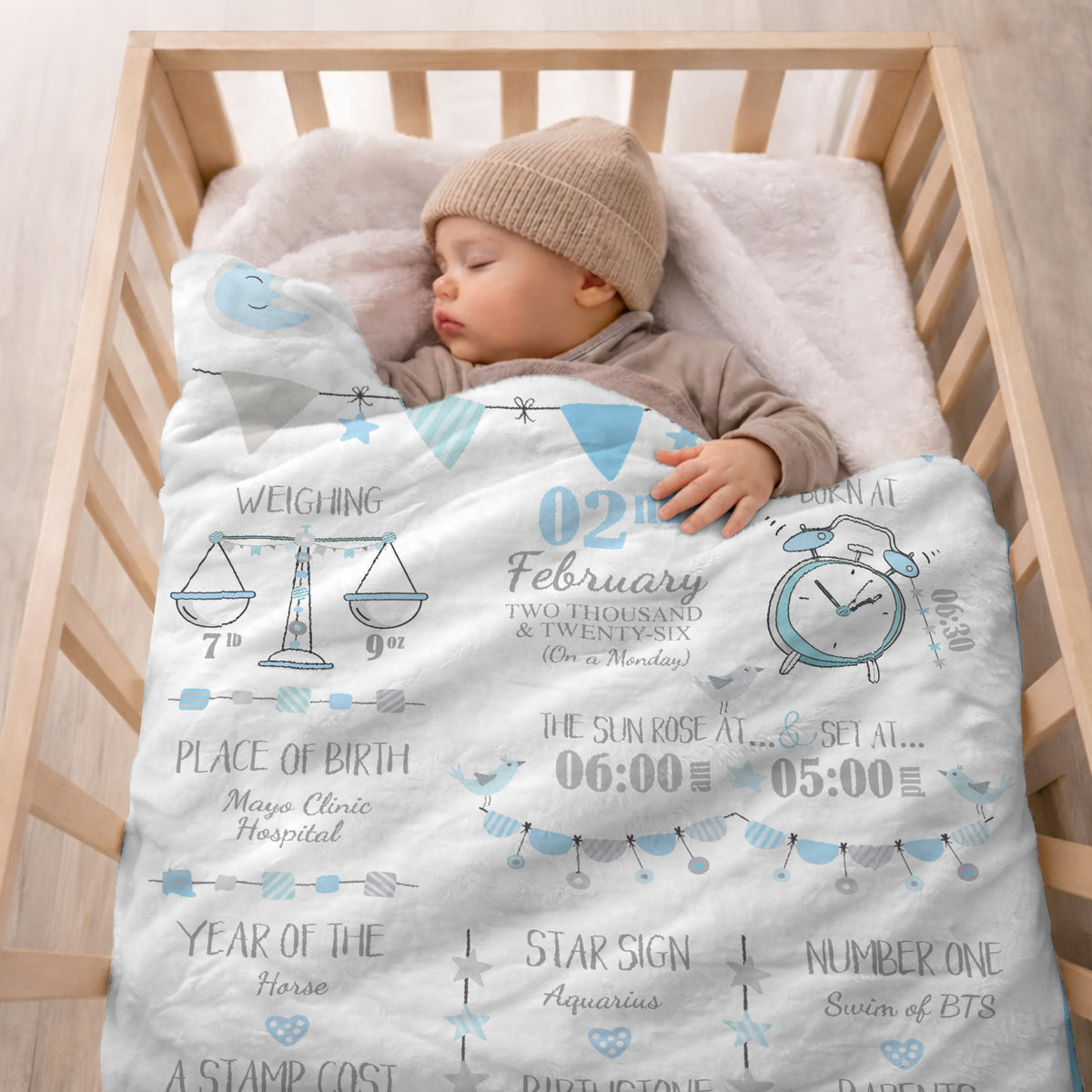 Personalized Birth Stats Fleece Blanket – Custom Baby Name & Newborn Details Gift