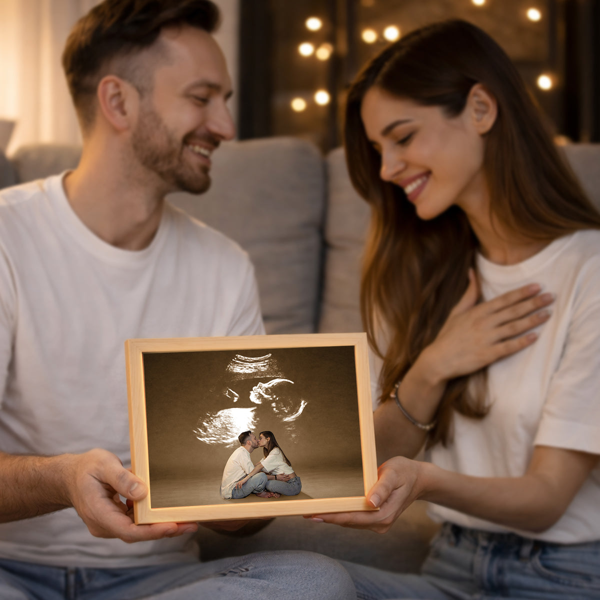 Personalized Wooden Light Up Photo Frame – Hidden Ultrasound Reveal Gift, LED Frame