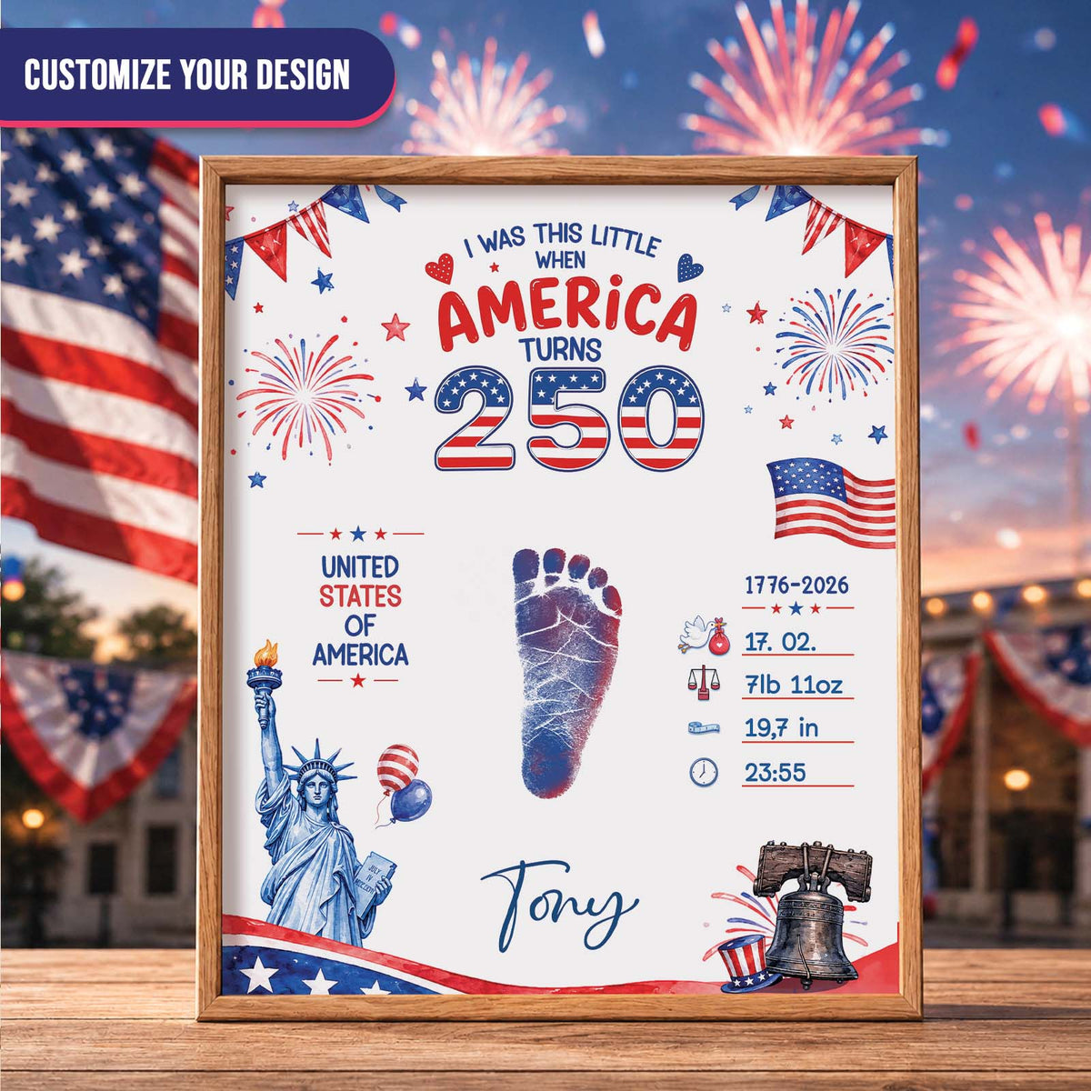 DIY Baby Footprint Art – America 250 Anniversary Edition, Personalized Birth Details Keepsake, Nursery Decor Gift for Mom & Dad