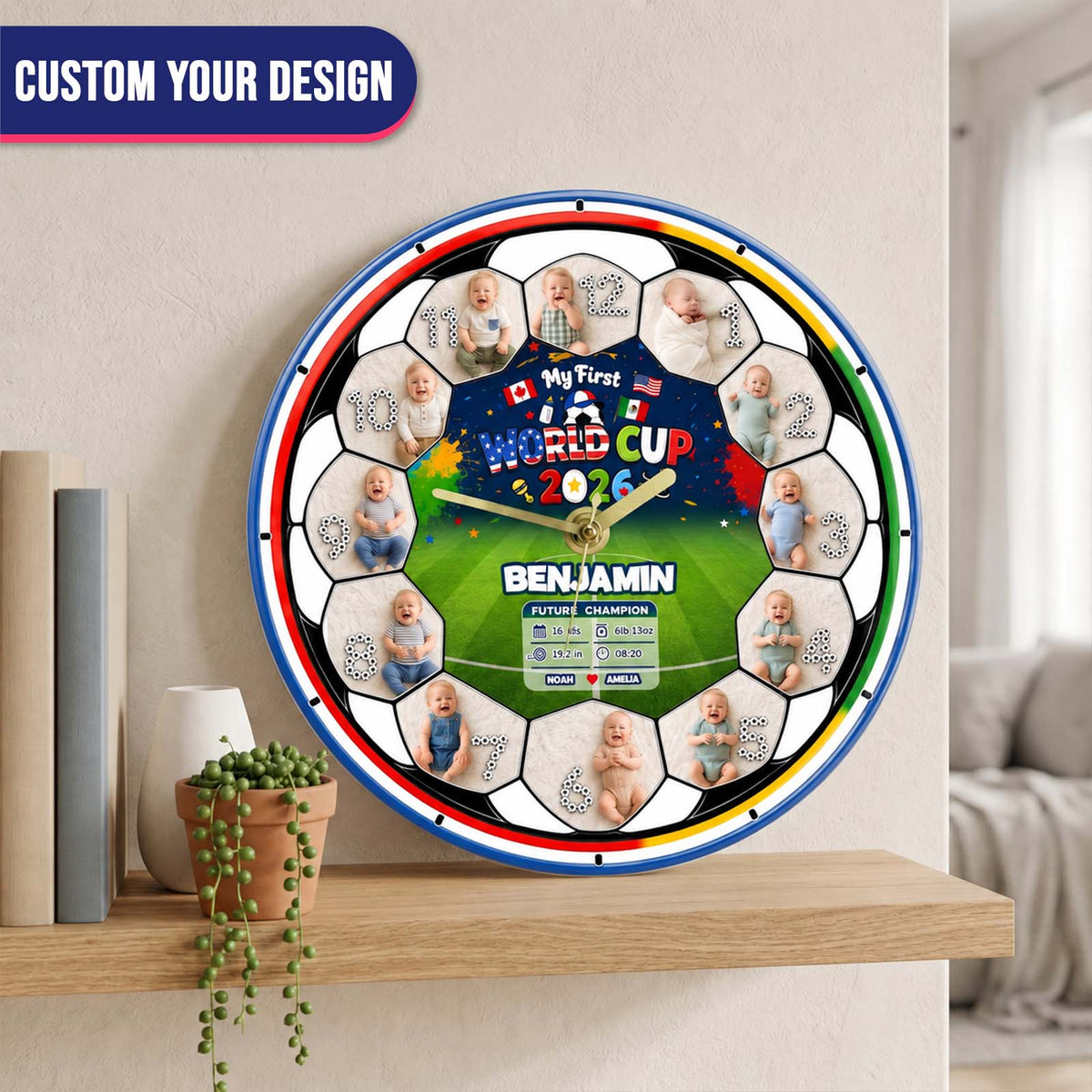 My First World Cup 2026 Baby Clock – Personalized First Year Milestone Keepsake, Custom Baby Photo Soccer Nursery Decor