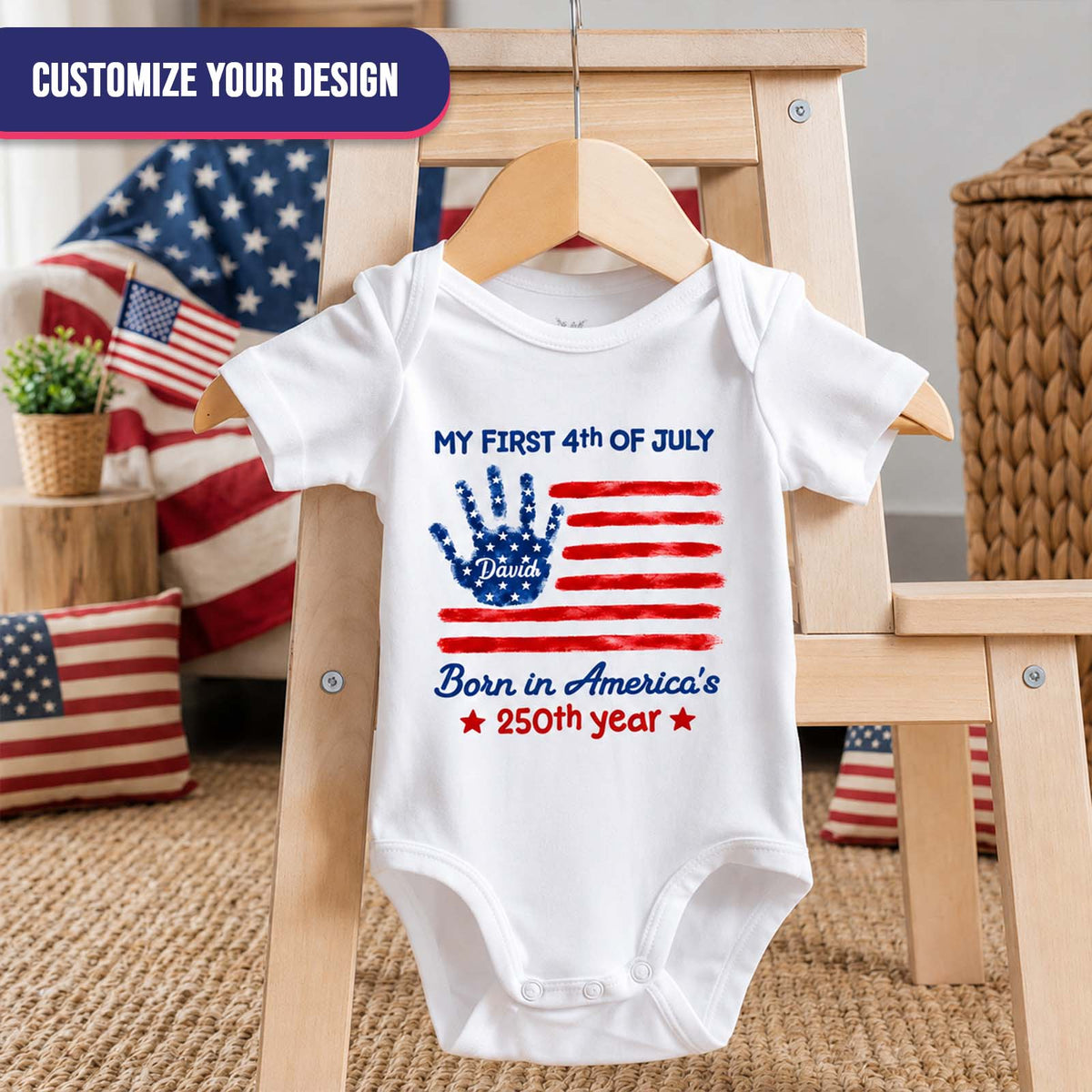 My First 4th of July Personalized Baby Onesie - Custom Name Patriotic Independence Day Bodysuit