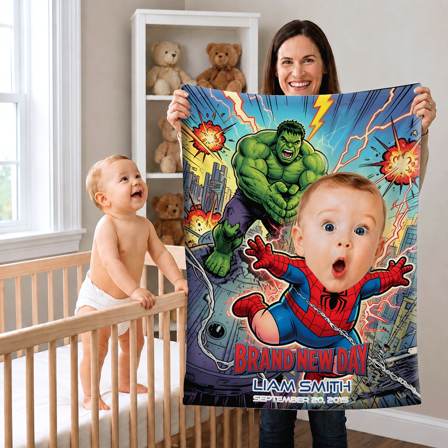 Personalized Spider-Baby Photo Blanket – Custom Baby Face & Name Blanket