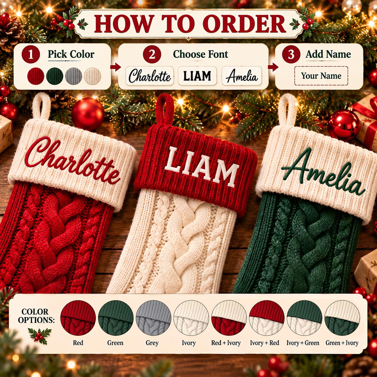Personalized Knit Christmas Stocking – Custom Name Embroidered Holiday Stocking, Family Christmas Decor