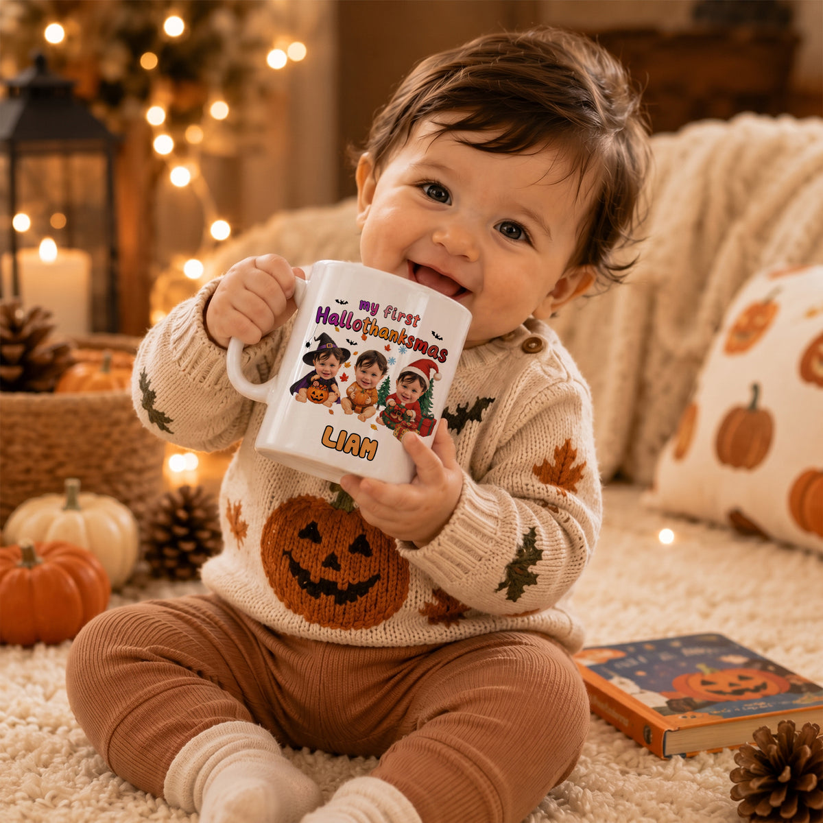 Personalized My First HalloThanksMas Mug – Custom Baby Photo Halloween, Thanksgiving & Christmas Keepsake
