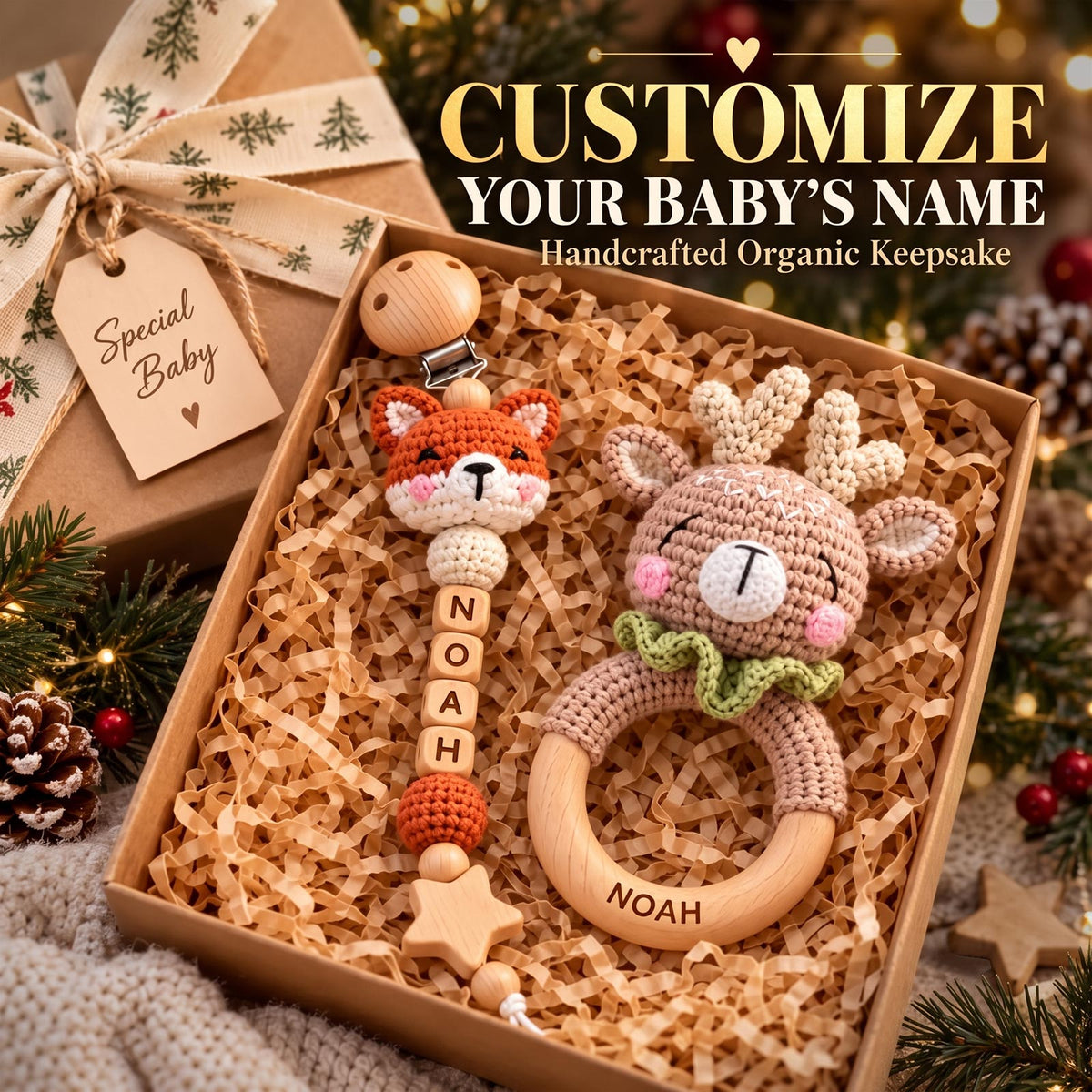 Personalized Baby Teether Set, Crochet Wooden Teether & Custom Pacifier Clip