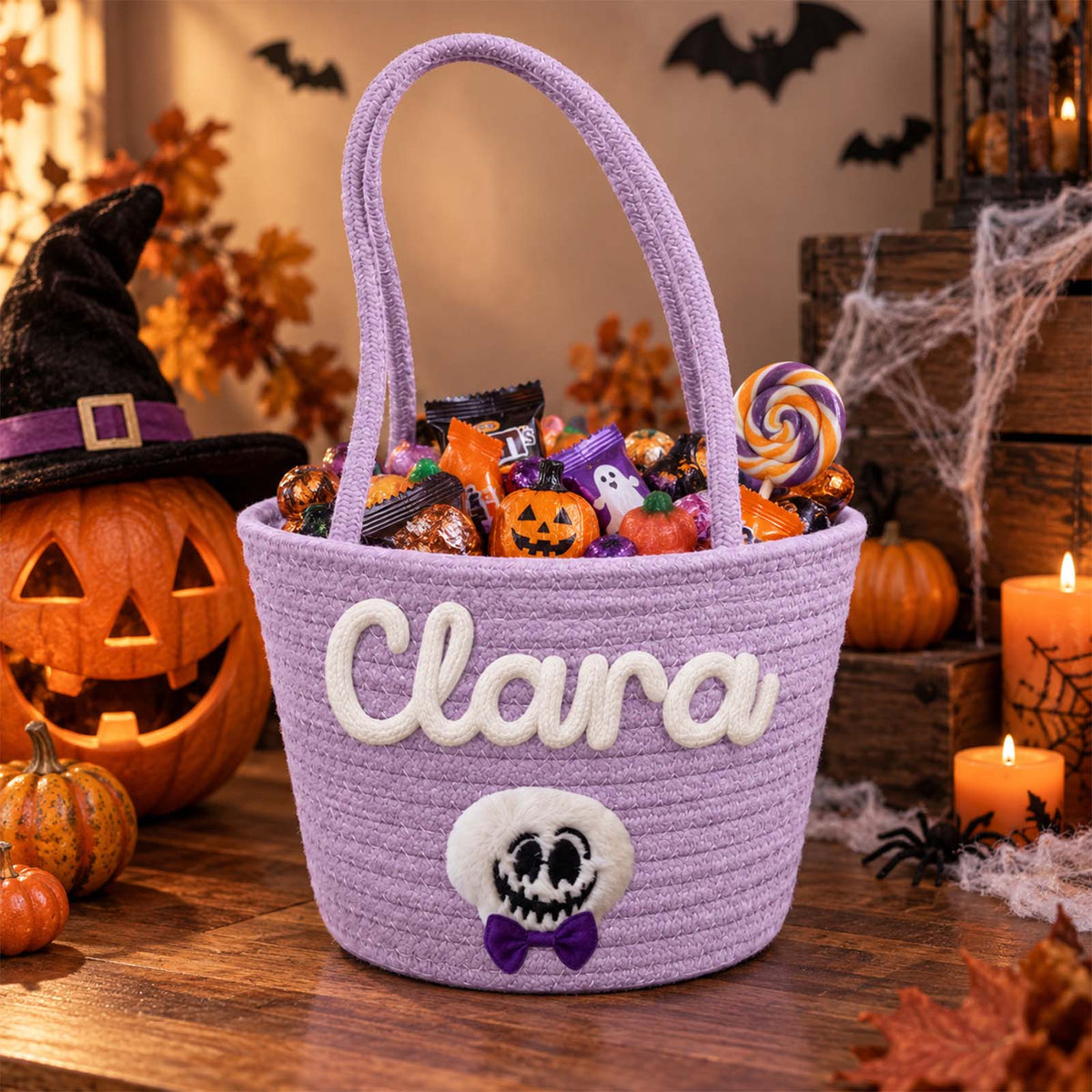Personalized Handheld Round Basket, Custom Name Halloween Candy Basket