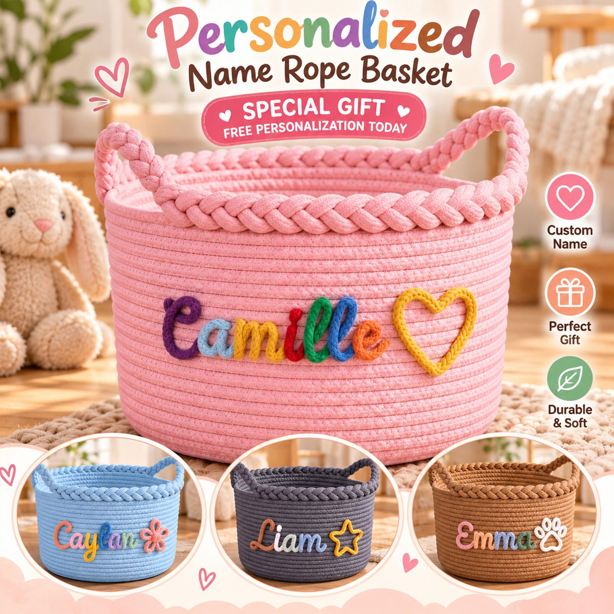 Panier tressé personnalisé, panier de rangement pour chambre de bébé et jouets d’animaux avec prénom personnalisé