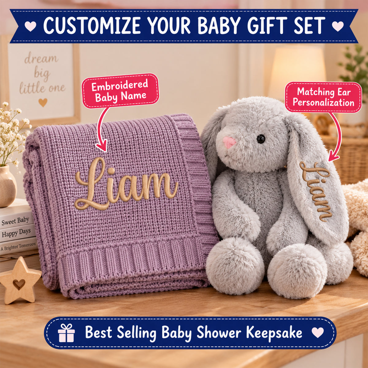 Personalized Baby Bunny Blanket & Plush Set – Custom Name Embroidered Baby Blanket with Bunny, Newborn Keepsake Gift