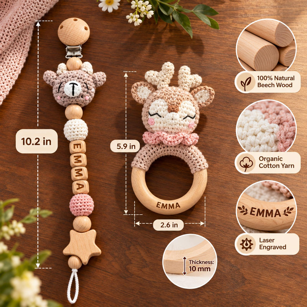Personalized Baby Teether Set, Crochet Wooden Teether & Custom Pacifier Clip