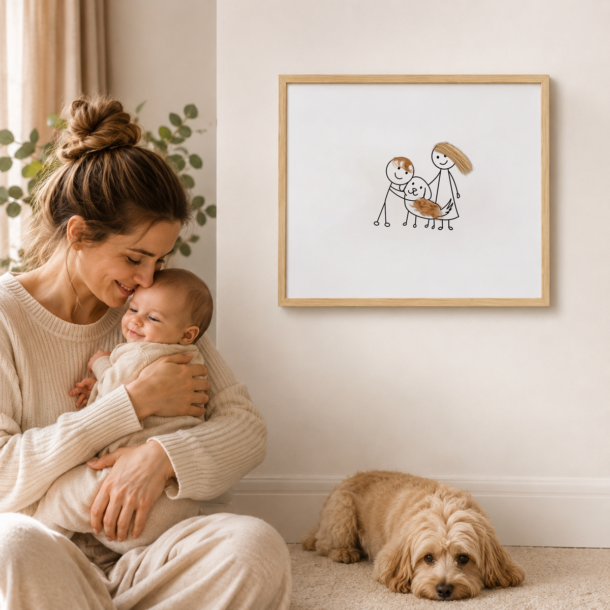 Personalized Baby & Pet Hair Keepsake Frame – Custom Family Portrait with Real Hair, Unique Nursery Gift for Family, Kids