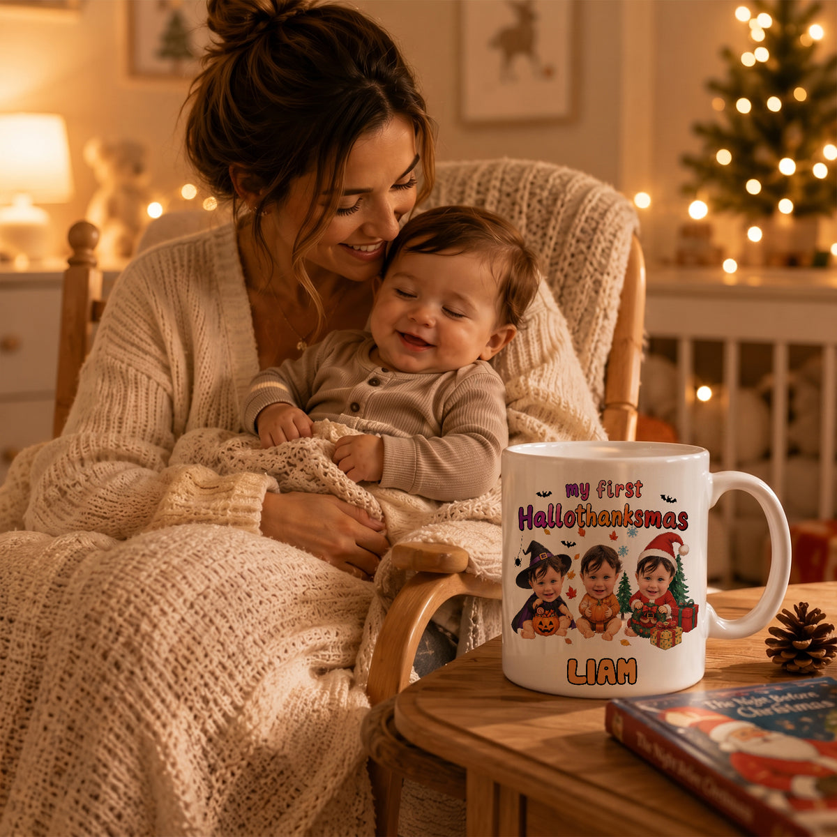 Personalized My First HalloThanksMas Mug – Custom Baby Photo Halloween, Thanksgiving & Christmas Keepsake