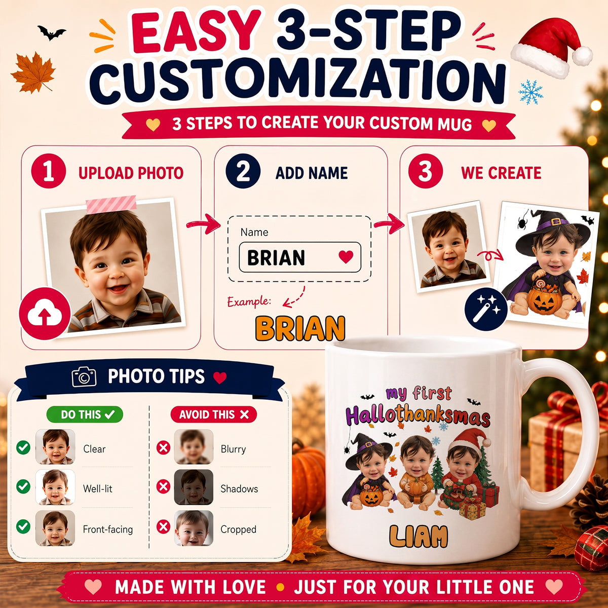 Personalized My First HalloThanksMas Mug – Custom Baby Photo Halloween, Thanksgiving & Christmas Keepsake