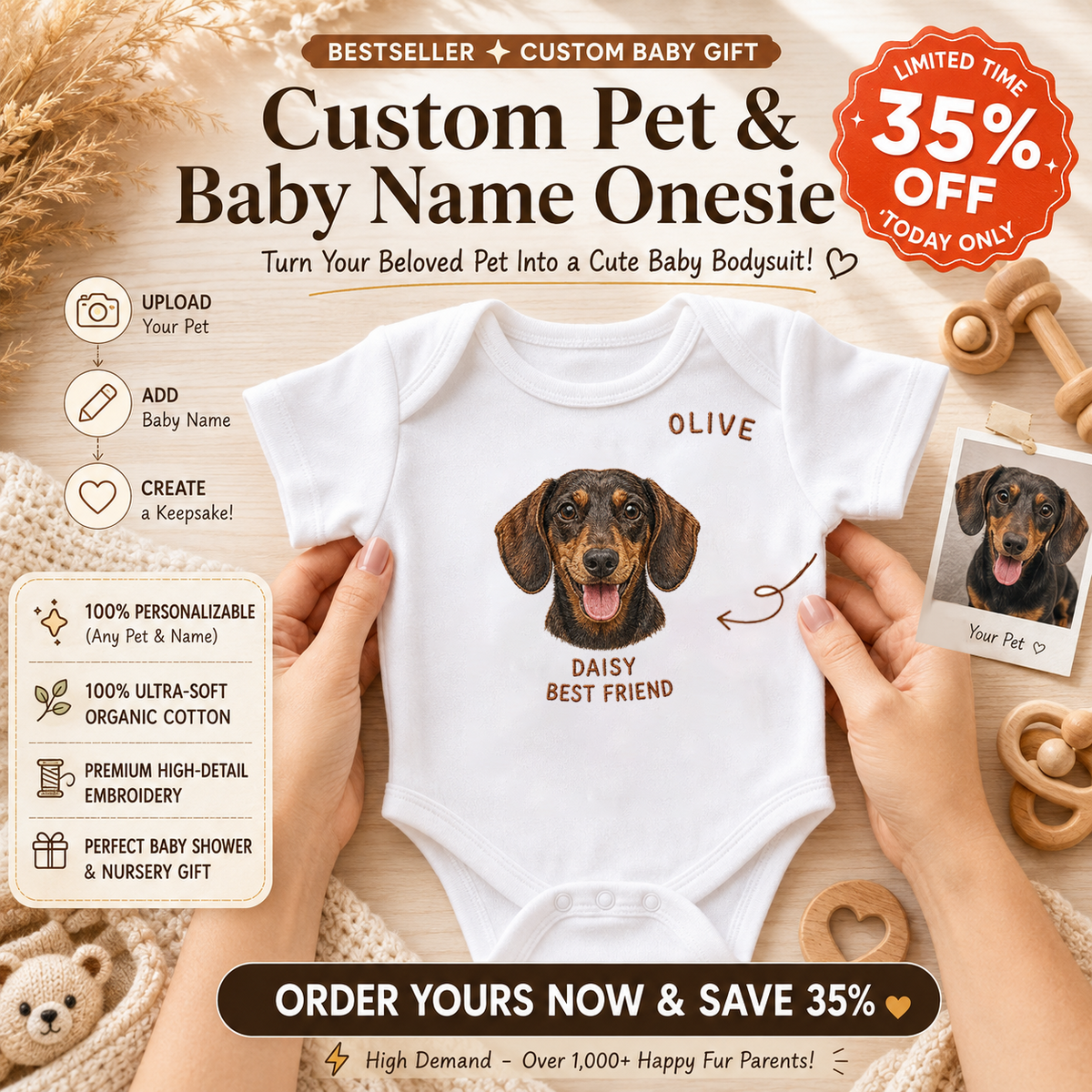 Personalized Pet Portrait Baby Bodysuit – Custom Baby Name & Pet Photo, Personalized Newborn Outfit, Baby Shower Gift for Pet Lovers