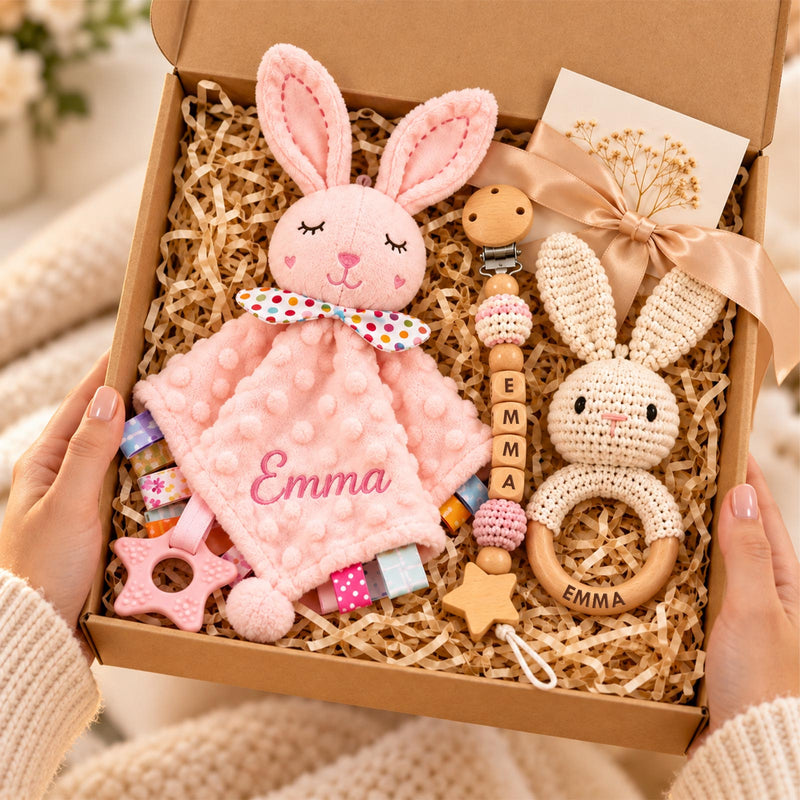 Personalized Baby Gift Set, Custom Name Bunny Lovey, Crochet Rattle & Pacifier Clip