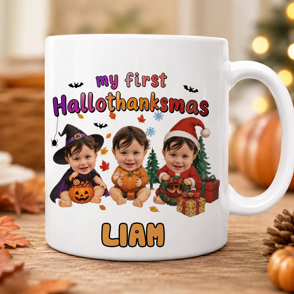 Personalized My First HalloThanksMas Mug – Custom Baby Photo Halloween, Thanksgiving & Christmas Keepsake