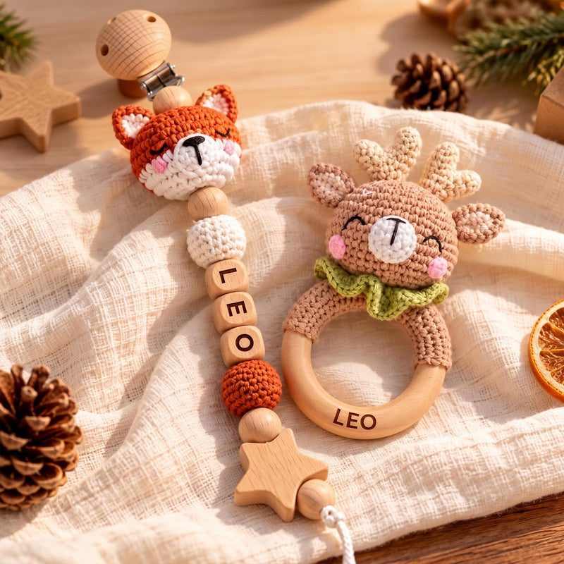 Personalized Baby Teether Set, Crochet Wooden Teether & Custom Pacifier Clip