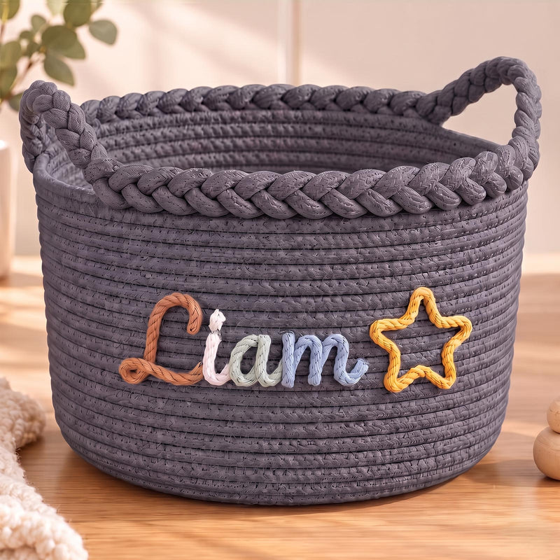 Panier tressé personnalisé, panier de rangement pour chambre de bébé et jouets d’animaux avec prénom personnalisé