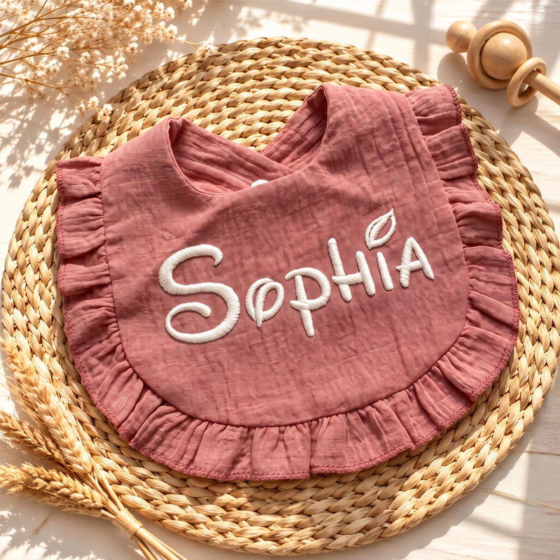 Personalized Baby Drool Bib, Lotus Leaf Edge Gauze Bib with Embroidered Name