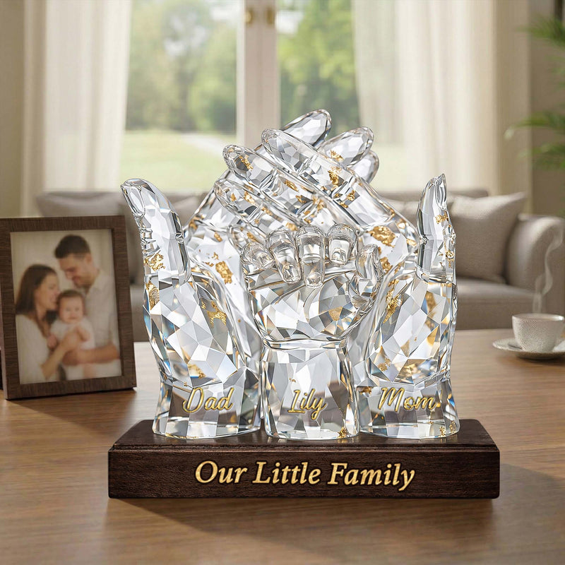 Our Little Family Acrylic Plaque – Personalized Crystal Hands Gift for Mom & Dad