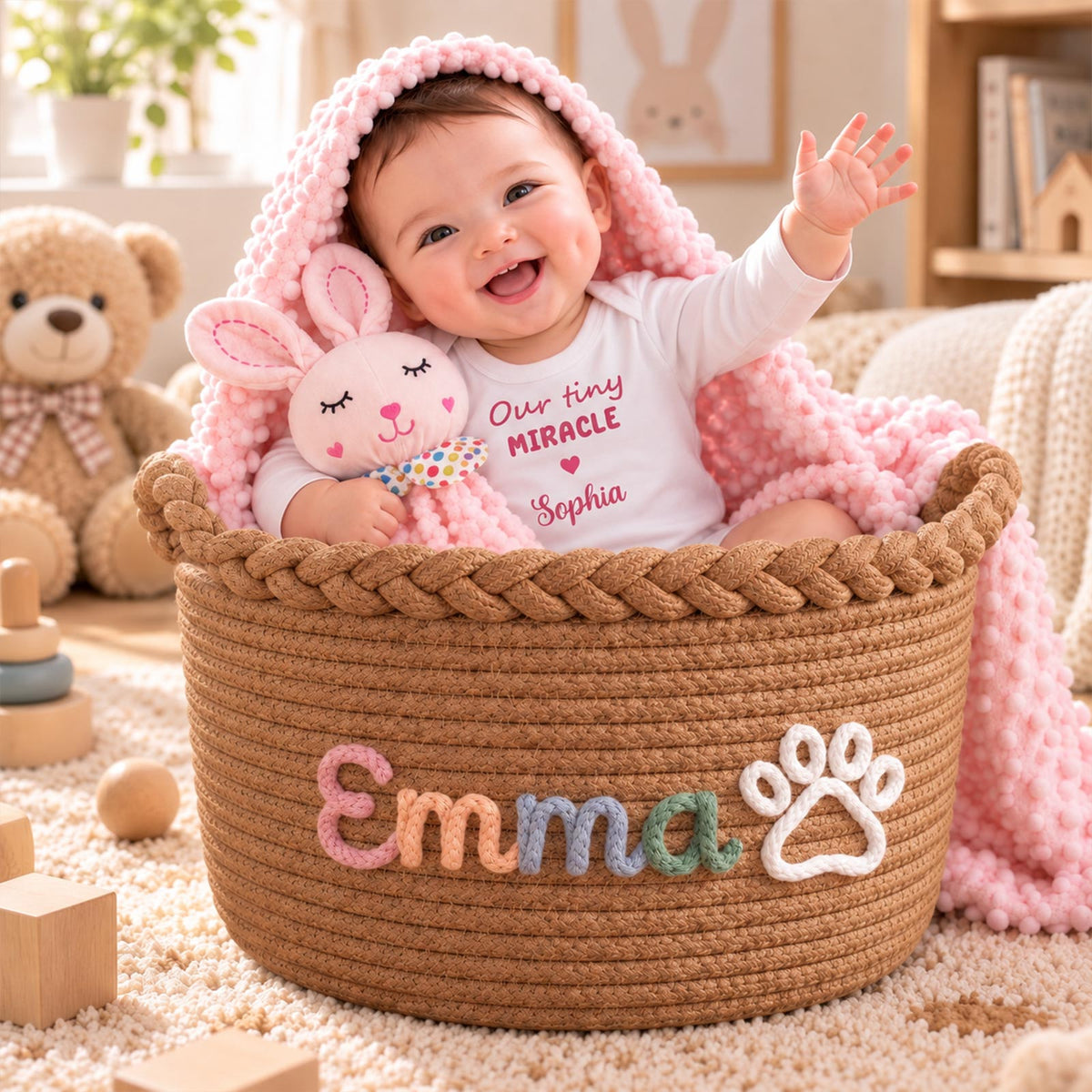 Panier tressé personnalisé, panier de rangement pour chambre de bébé et jouets d’animaux avec prénom personnalisé