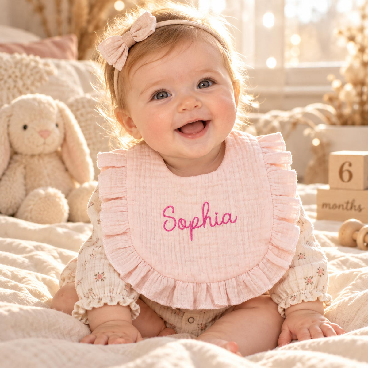 Personalized Baby Drool Bib, Lotus Leaf Edge Gauze Bib with Embroidered Name