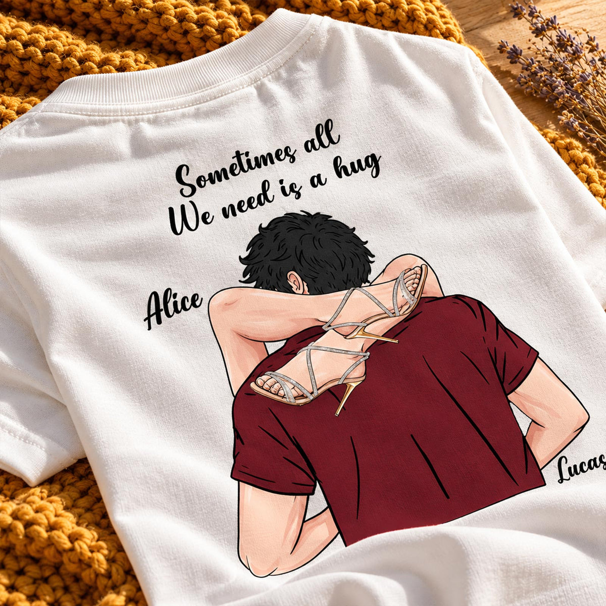 Personalized Couple 2D T-Shirt – Custom Couple Illustration & Names, Romantic Matching Gift