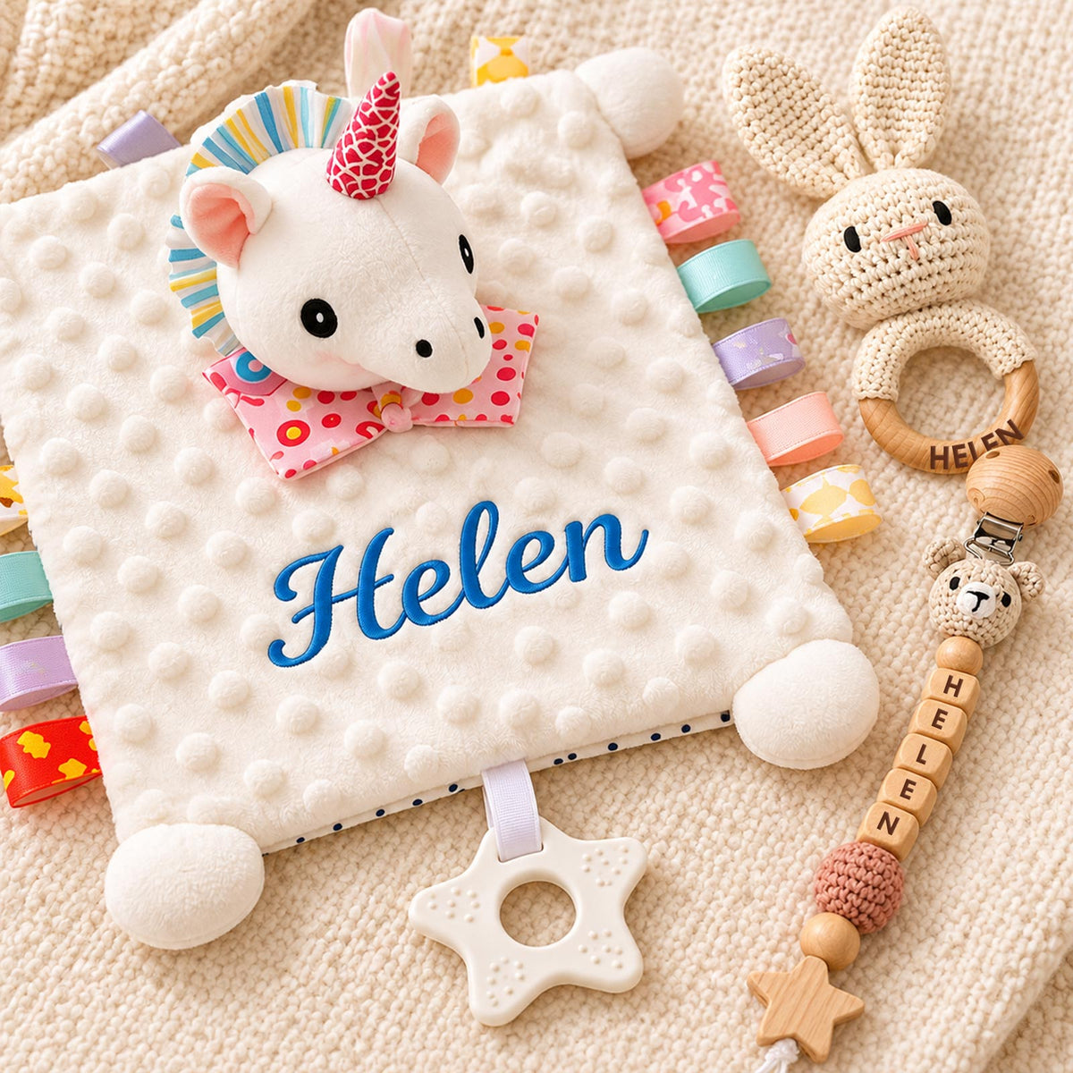 Personalized Baby Gift Set, Custom Name Bunny Lovey, Crochet Rattle & Pacifier Clip