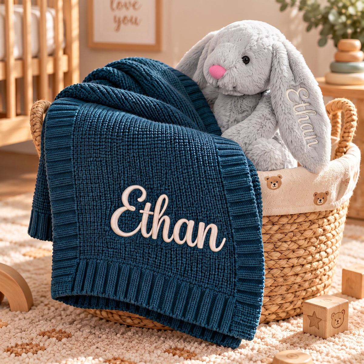 Personalized Baby Bunny Blanket & Plush Set – Custom Name Embroidered Baby Blanket with Bunny, Newborn Keepsake Gift