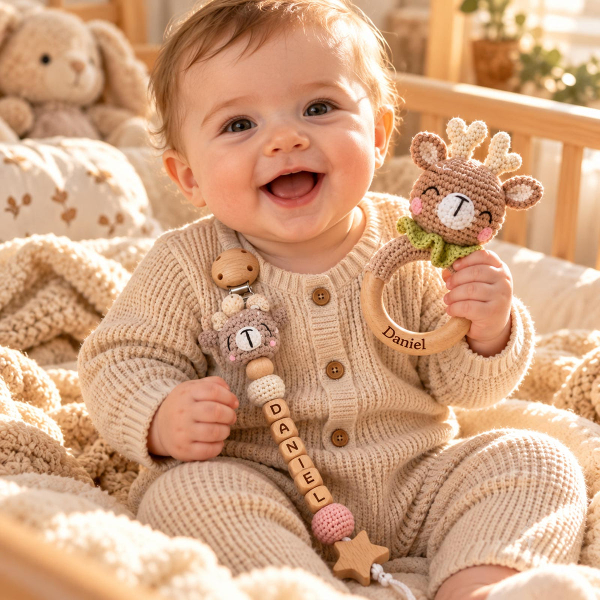 Personalized Baby Teether Set, Crochet Wooden Teether & Custom Pacifier Clip
