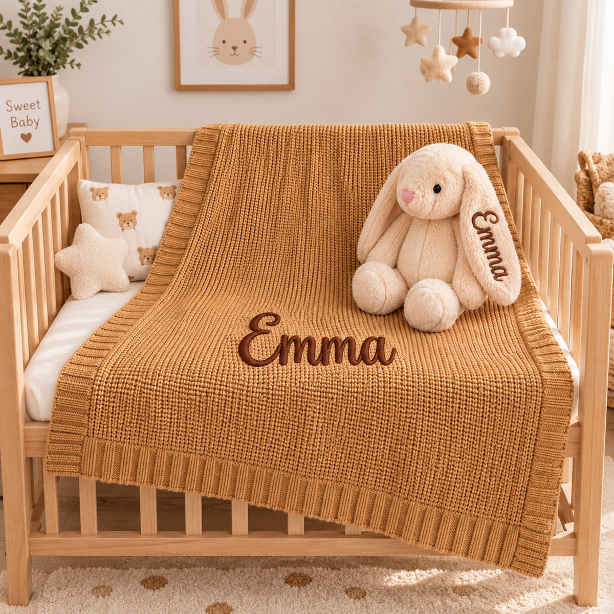 Personalized Baby Bunny Blanket & Plush Set – Custom Name Embroidered Baby Blanket with Bunny, Newborn Keepsake Gift