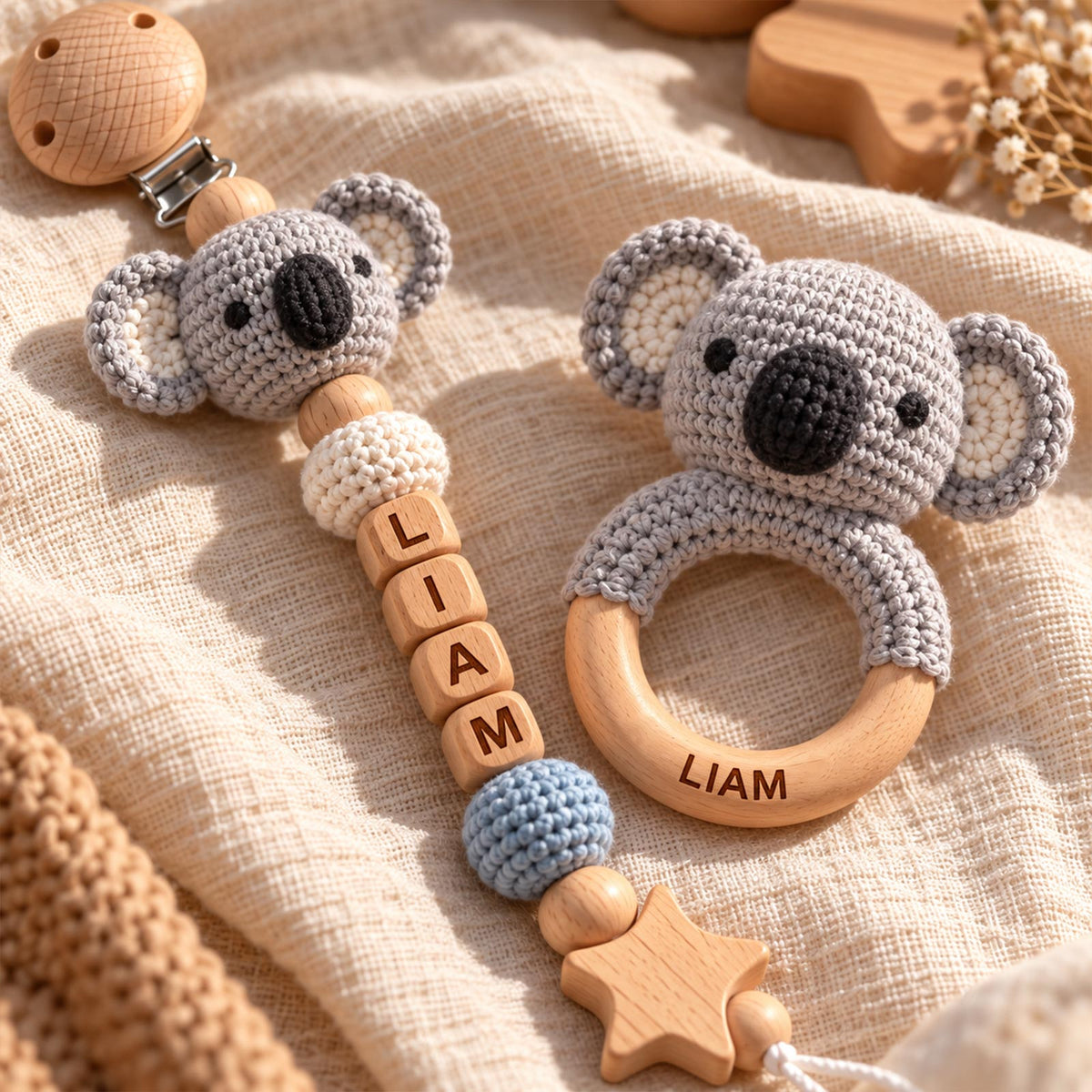 Personalized Baby Teether Set, Crochet Wooden Teether & Custom Pacifier Clip