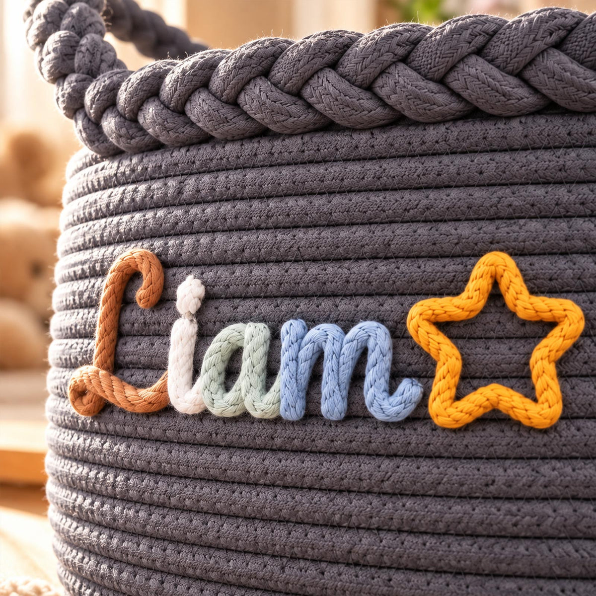 Panier tressé personnalisé, panier de rangement pour chambre de bébé et jouets d’animaux avec prénom personnalisé