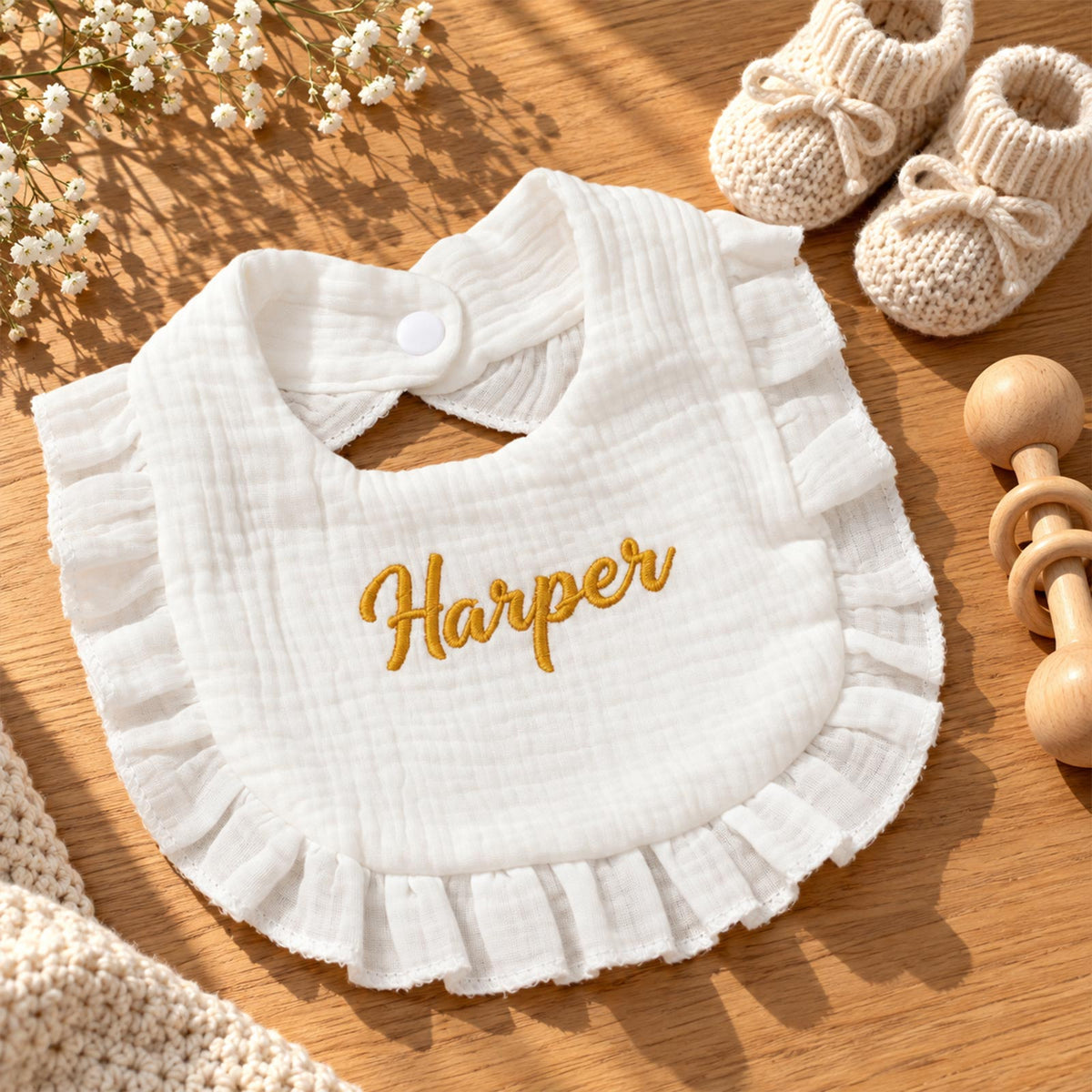 Personalized Baby Drool Bib, Lotus Leaf Edge Gauze Bib with Embroidered Name