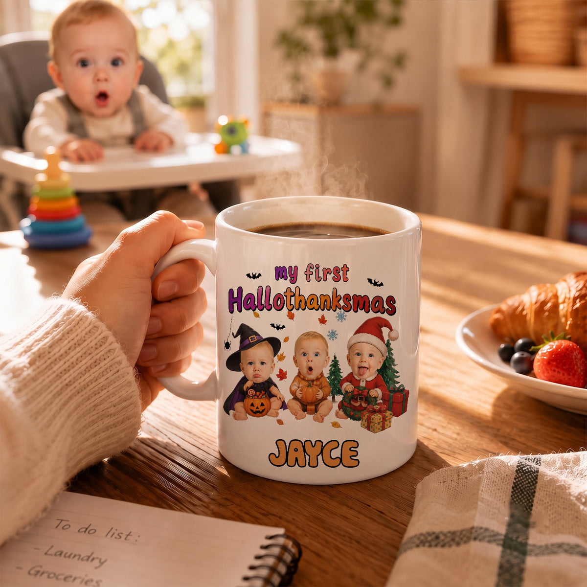 Personalized My First HalloThanksMas Mug – Custom Baby Photo Halloween, Thanksgiving & Christmas Keepsake