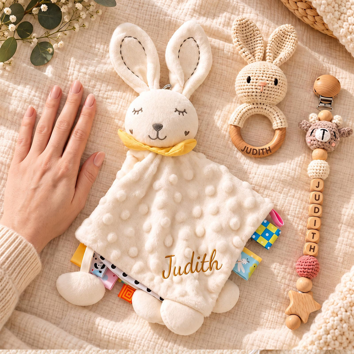 Personalized Baby Gift Set, Custom Name Bunny Lovey, Crochet Rattle & Pacifier Clip