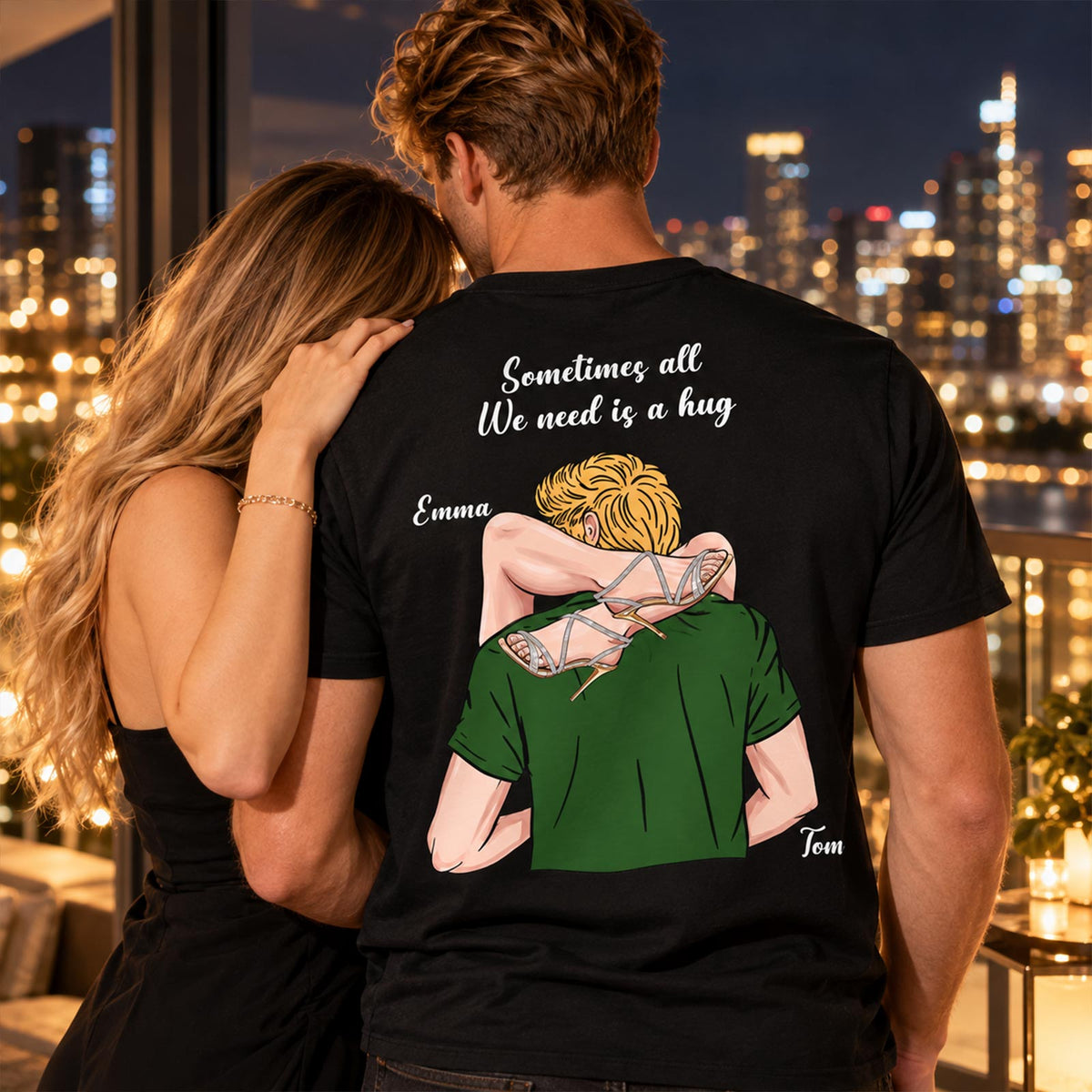 Personalized Couple 2D T-Shirt – Custom Couple Illustration & Names, Romantic Matching Gift