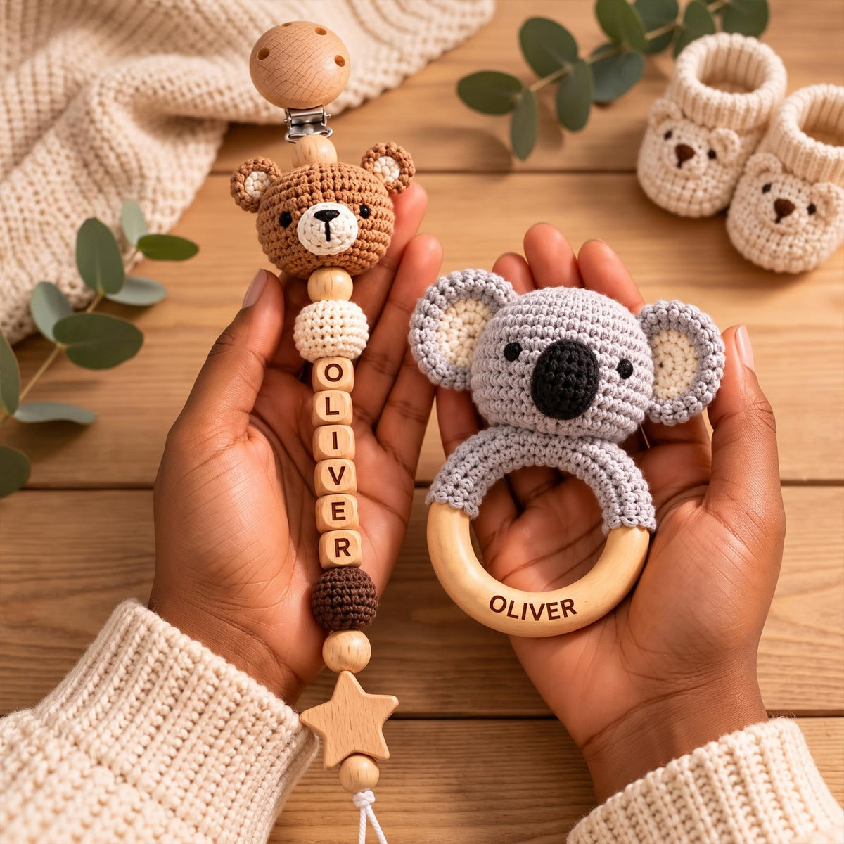 Personalized Baby Teether Set, Crochet Wooden Teether & Custom Pacifier Clip