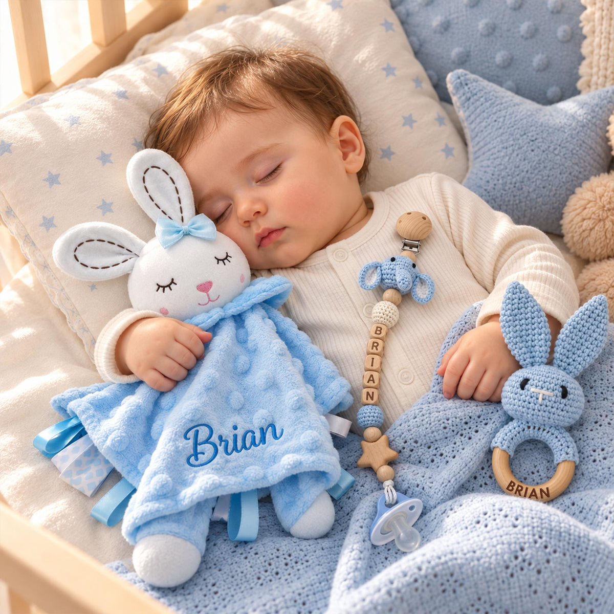 Personalized Baby Gift Set, Custom Name Bunny Lovey, Crochet Rattle & Pacifier Clip