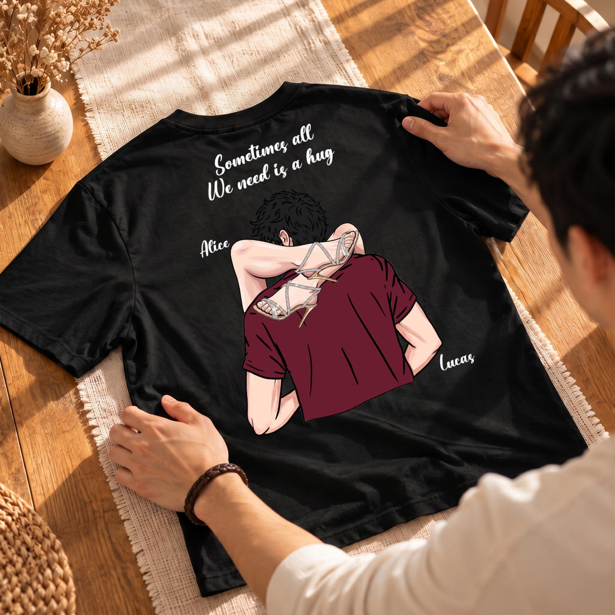 Personalized Couple 2D T-Shirt – Custom Couple Illustration & Names, Romantic Matching Gift