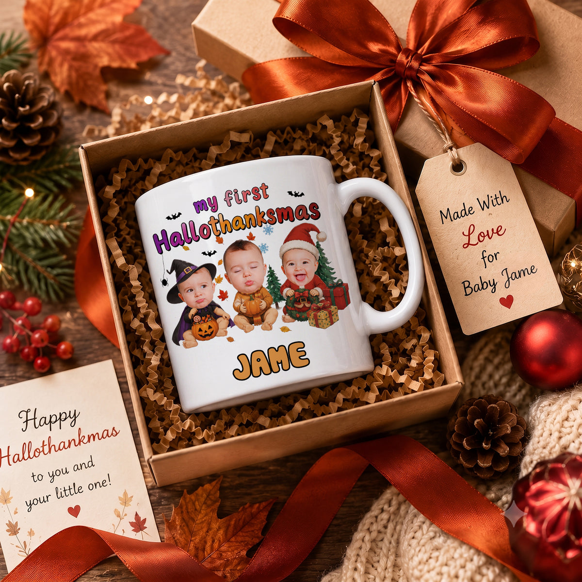 Personalized My First HalloThanksMas Mug – Custom Baby Photo Halloween, Thanksgiving & Christmas Keepsake