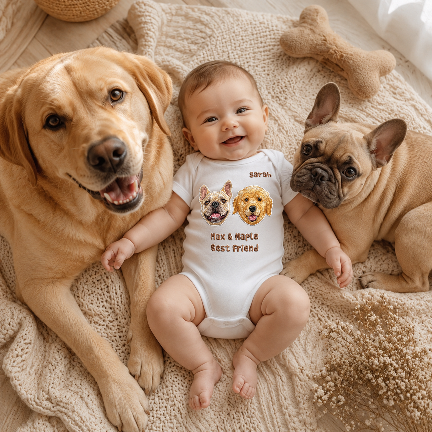 Personalized Pet Portrait Baby Bodysuit – Custom Baby Name & Pet Photo, Personalized Newborn Outfit, Baby Shower Gift for Pet Lovers