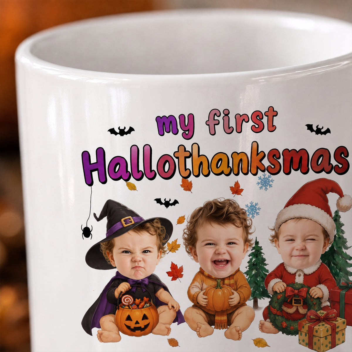 Personalized My First HalloThanksMas Mug – Custom Baby Photo Halloween, Thanksgiving & Christmas Keepsake