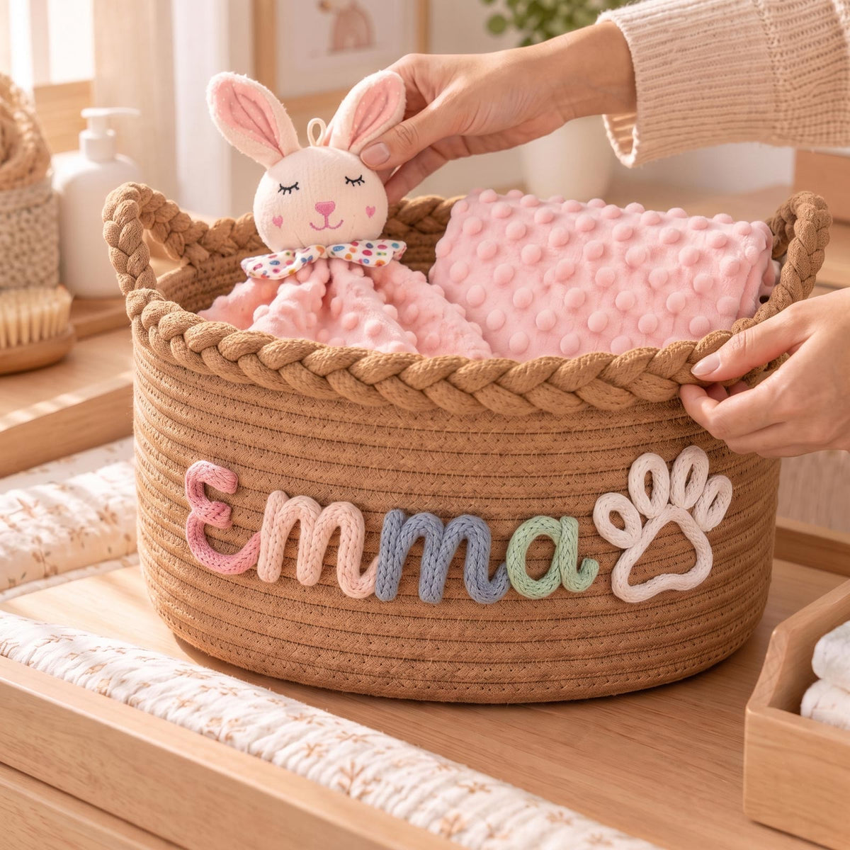 Panier tressé personnalisé, panier de rangement pour chambre de bébé et jouets d’animaux avec prénom personnalisé