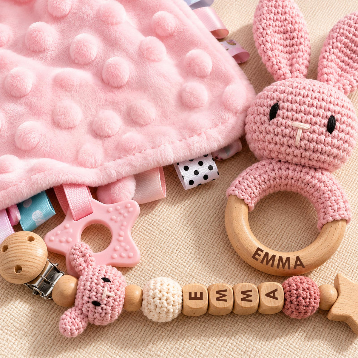 Personalized Baby Gift Set, Custom Name Bunny Lovey, Crochet Rattle & Pacifier Clip