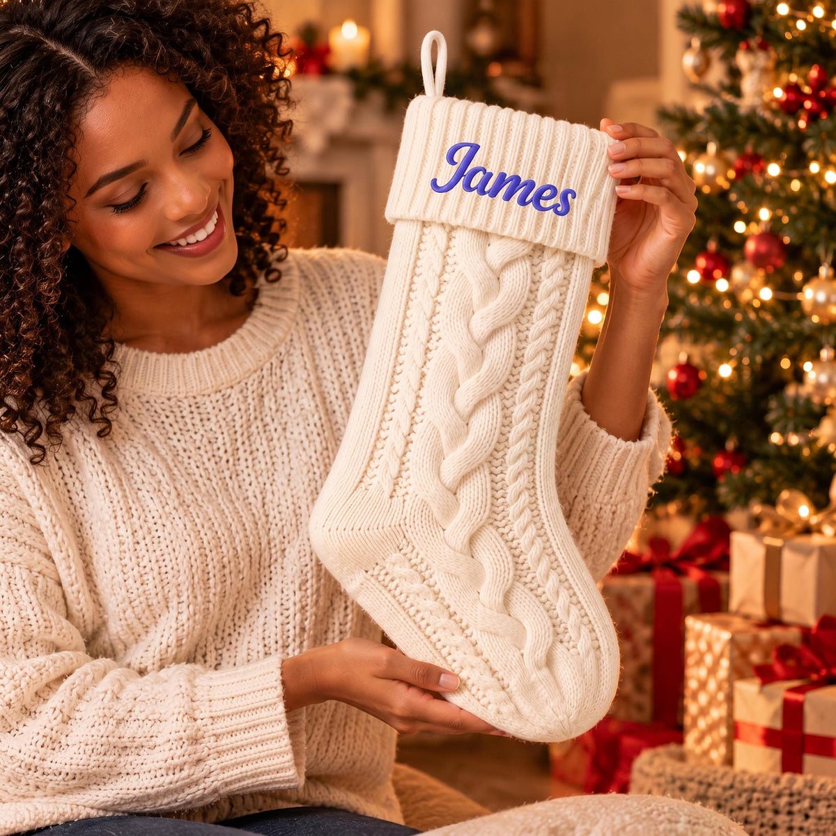 Personalized Knit Christmas Stocking – Custom Name Embroidered Holiday Stocking, Family Christmas Decor