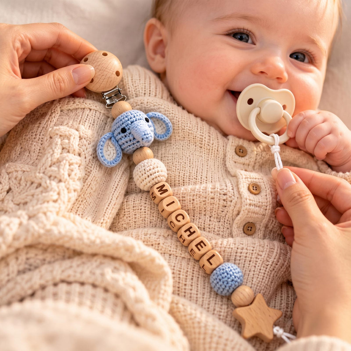 Personalized Baby Teether Set, Crochet Wooden Teether & Custom Pacifier Clip