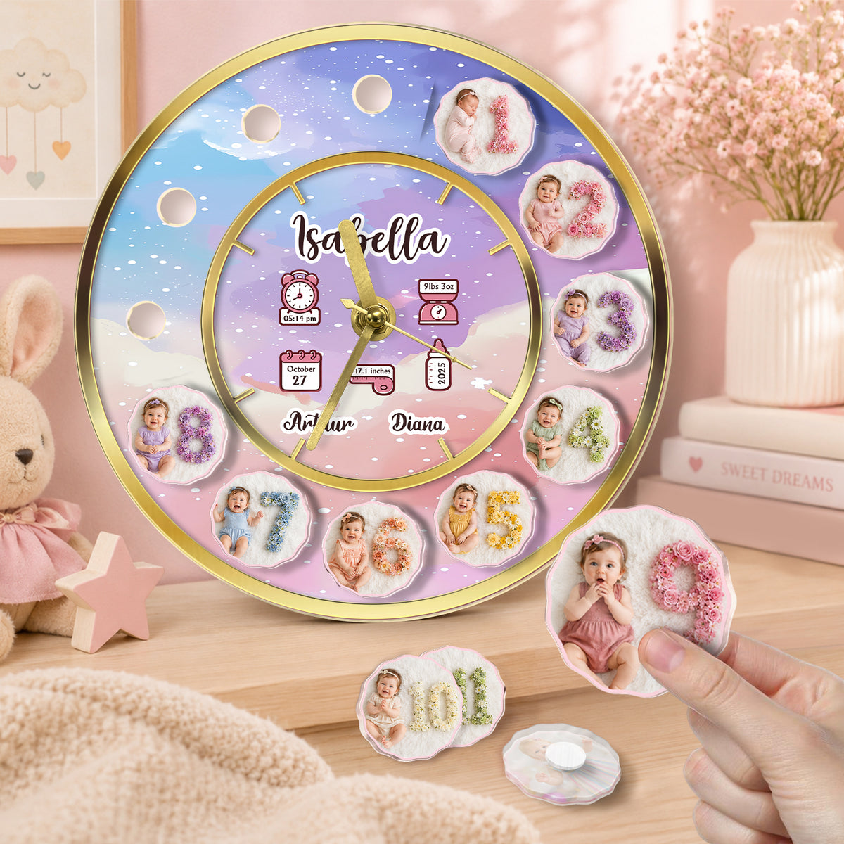 Personalized Baby Milestone Clock – Custom Number, Baby Photos & Birth Details Keepsake