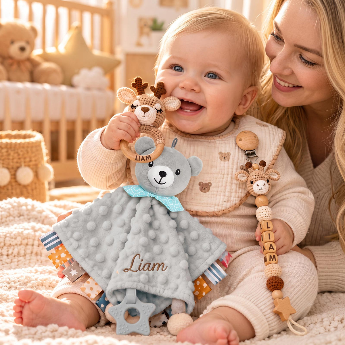Personalized Baby Gift Set, Custom Name Bunny Lovey, Crochet Rattle & Pacifier Clip