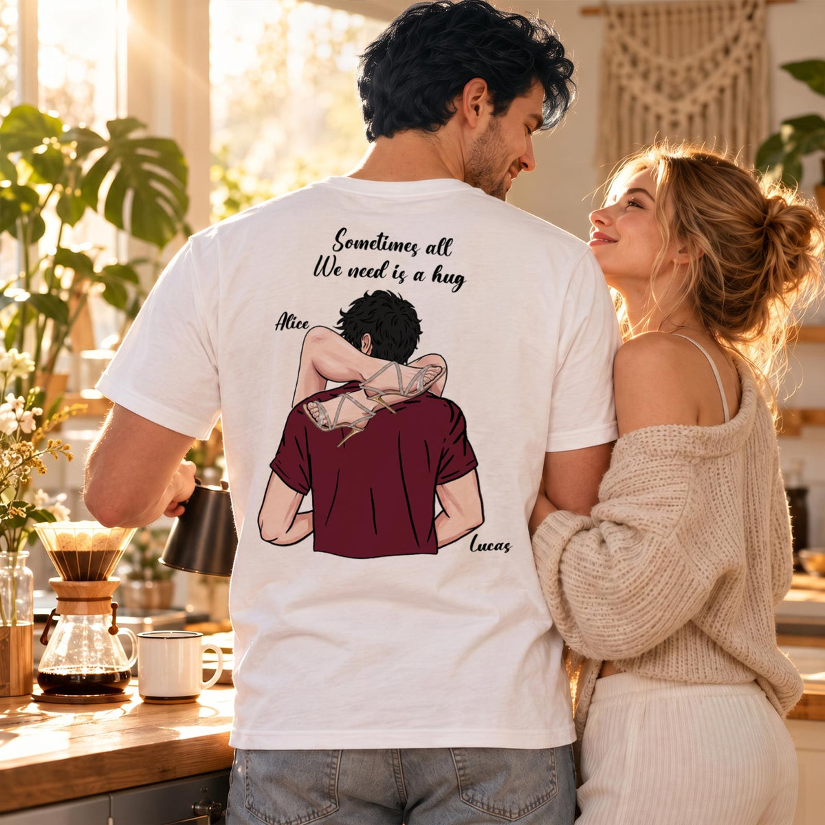 Personalized Couple 2D T-Shirt – Custom Couple Illustration & Names, Romantic Matching Gift