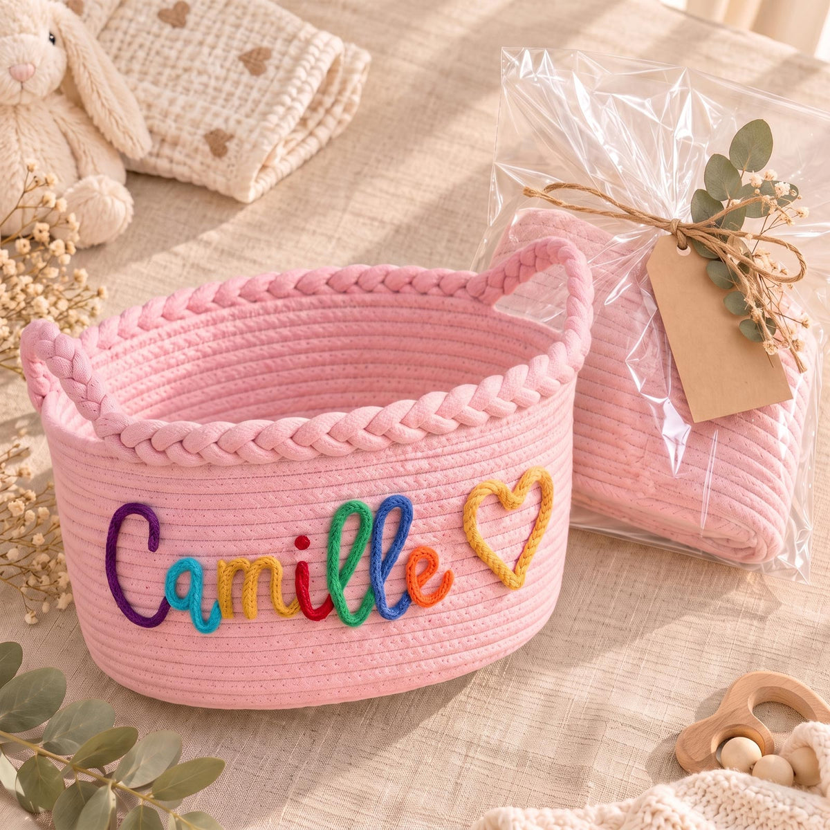 Panier tressé personnalisé, panier de rangement pour chambre de bébé et jouets d’animaux avec prénom personnalisé